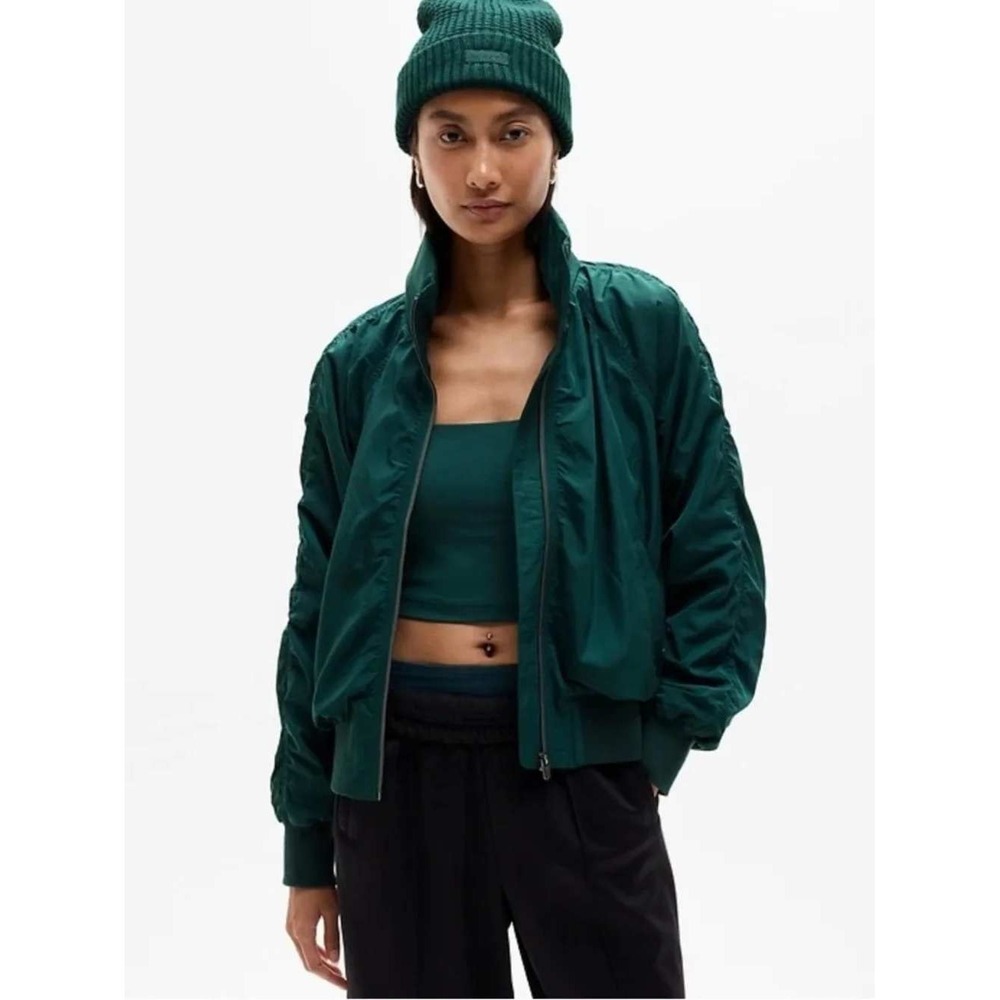 Athleta Jetset Bomber Windbreaker Jacket Size XL Green Coastal Teal Hidden Hood
